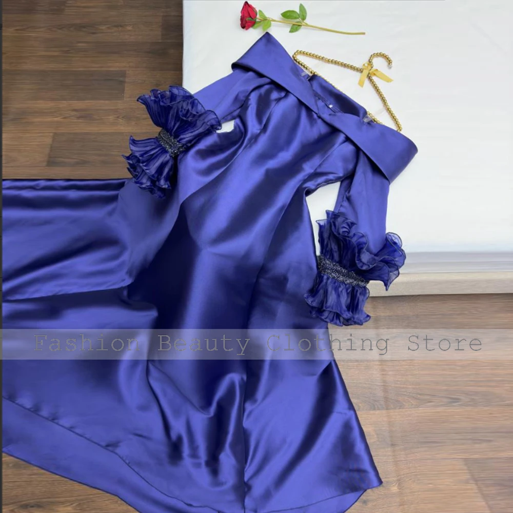 Exquisite Elegant Party Dresses Woman Dark Royal Blue Satin Ruched Ruffles A-line V-neck Floor Length Dresses Gowns 2024