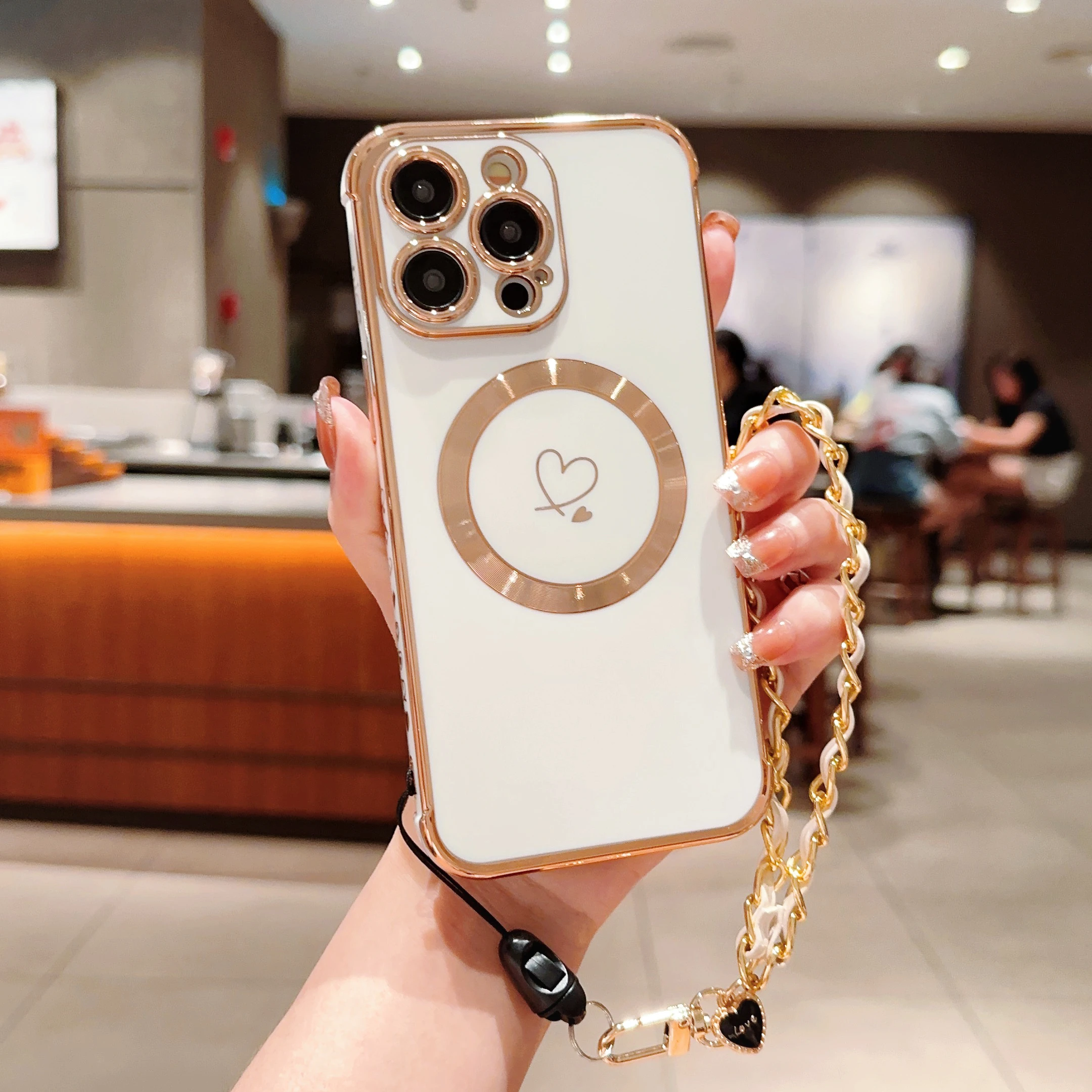 

Plating TPU Case For iPhone 16 15 14 13 12 Pro Max Plus 16Pro 15Pro 14Pro ProMax For Magsafe Charge Wrist Lanyard Bracelet Cover