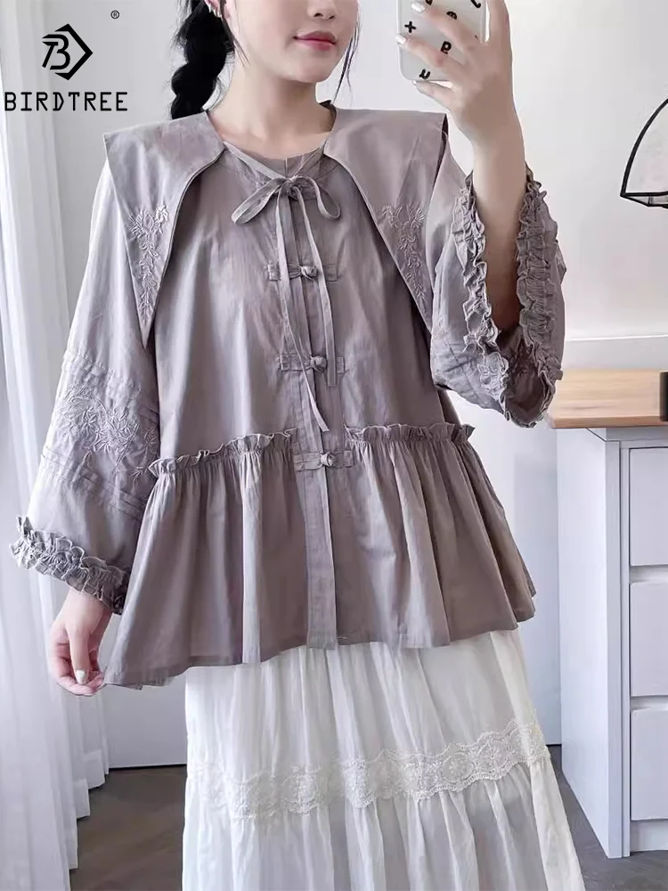 New Summer Cotton Long Sleeve Shirt, Woman Sailor Collar Embroidery Tops, Mori Girl Sweet Casual Loose Blouses, Autumn T47695QM