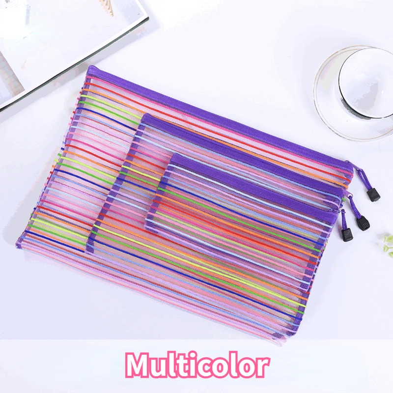 A4 Mesh Zipper Pouch Document Bag Zip File Folders School Office Supplies Colored lines Pencil Case Cosmetic Makeup Bags