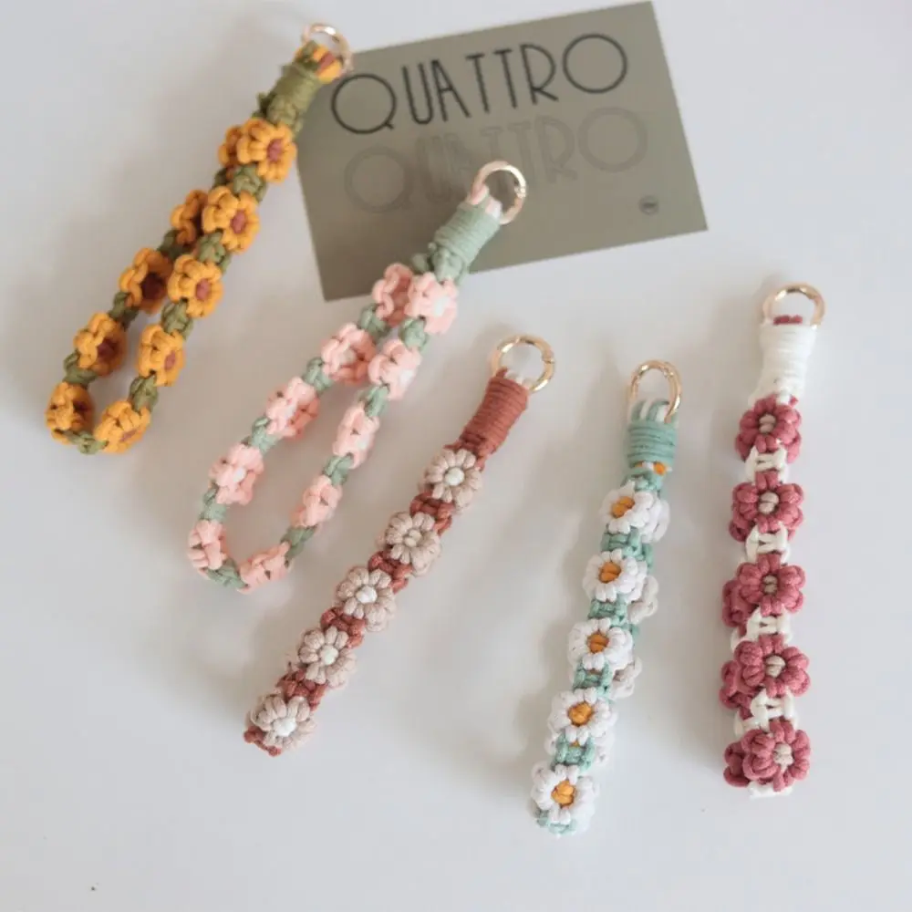 Korean Style Boho Phone Case Rope Keyring Phone Wristband Weave Daisy Flower Keychain Bag Hanging DIY Craft Accessories