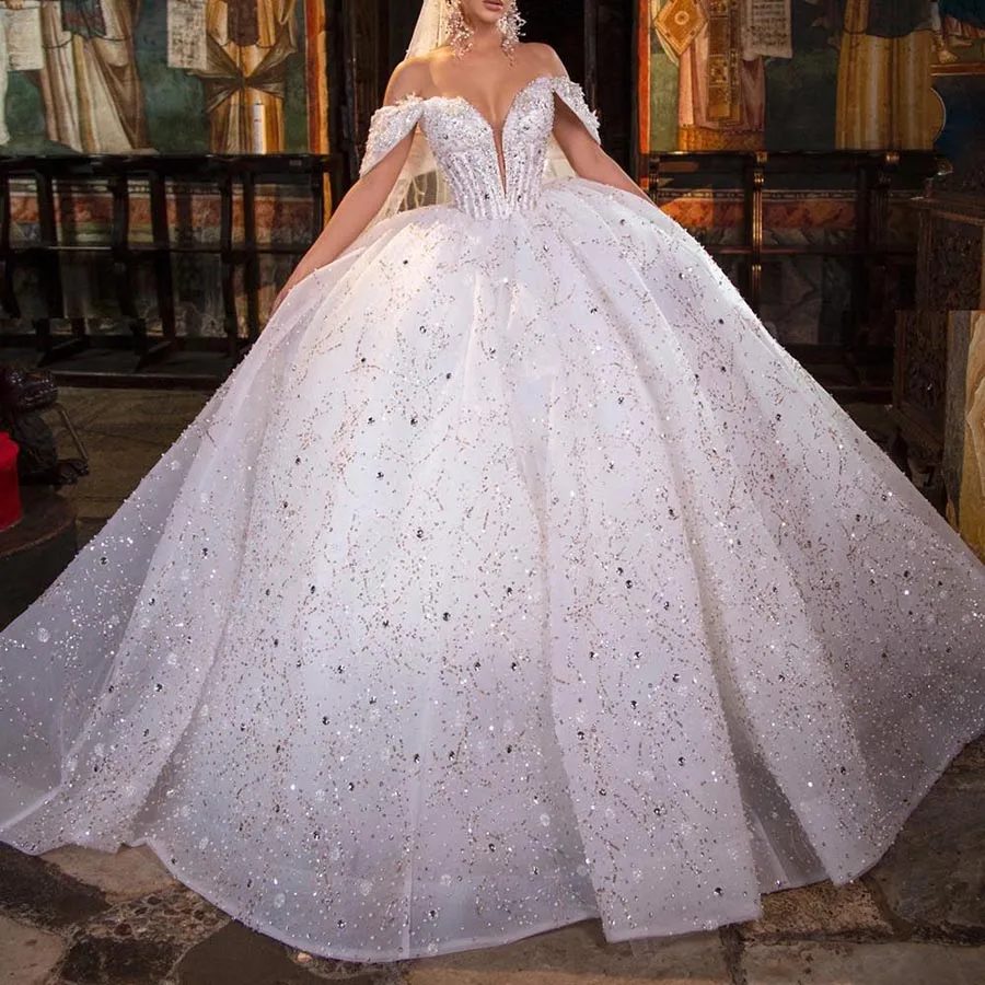 

Elegant Ball Gown Wedding Dress Sleeveless V Neck Sequins Lace Appliques Beads Lace-up Bridal Gowns Vestina De Novia Customized