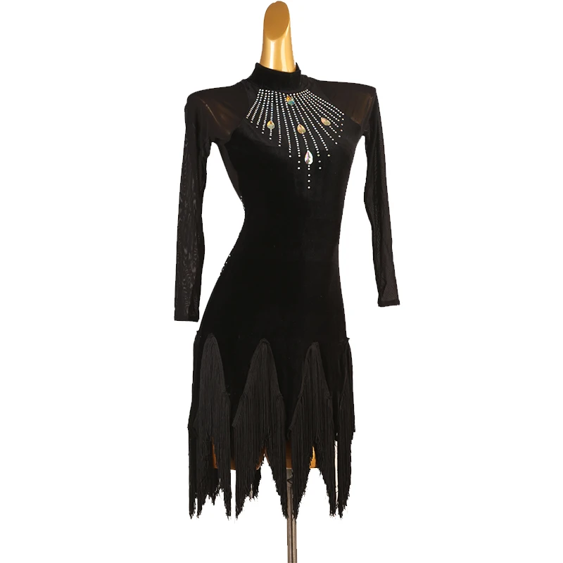 Custom New Latin Dance Competition Dresses Rhinestone Fringe Velvet Mesh Rumba Tango Clothing Adult Kds Stage Dancewear