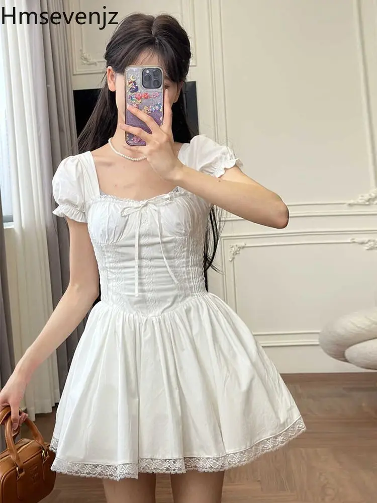 Hmsevenjz Square Collar Puff Sleeve Dress for Women's Summer Lace-up Slim Fit A-line Short Dress Fashion Female Clothes