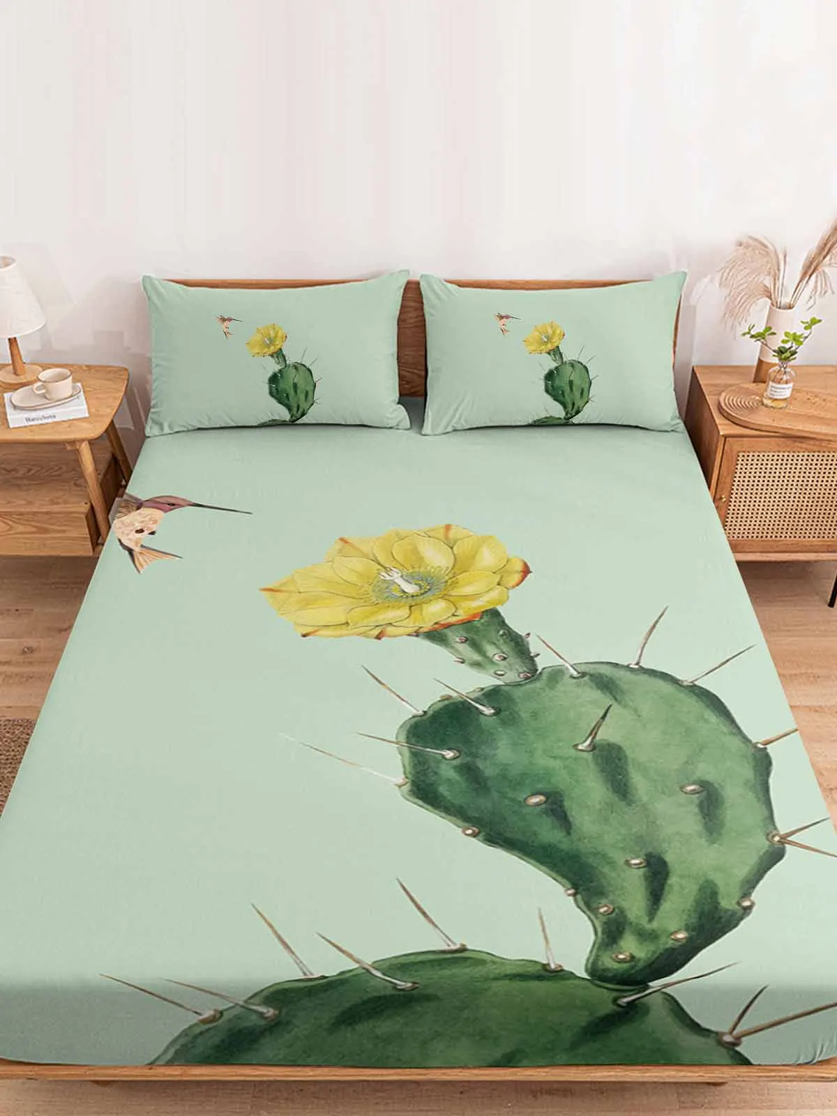 Cactus Hummingbird Fitted Bed Sheet Cover Elastic Band Anti-slip Mattress Protector for Single Double King