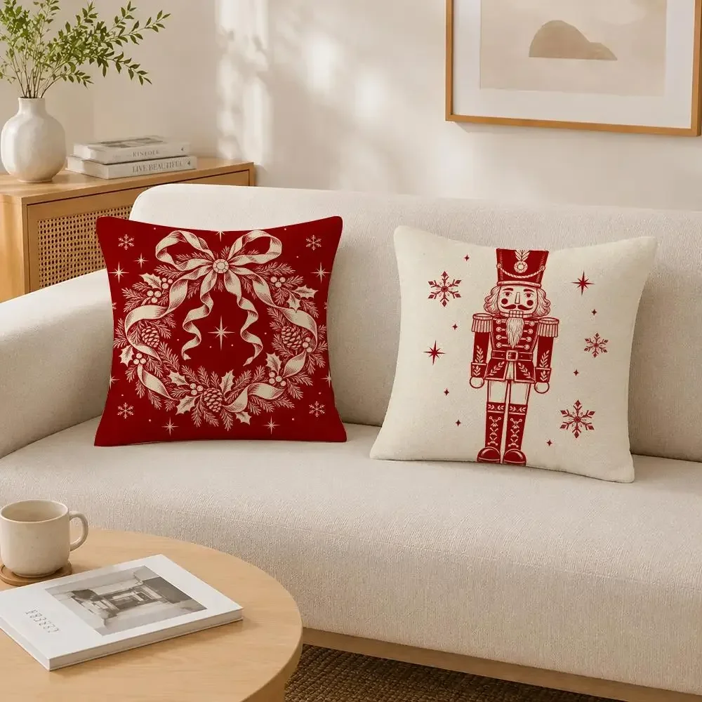 Engraved Vintage Red Line Christmas Engraving Pattern Set Cushion Cover Soft Fluffy Short Plush  PillowCase  Sofa Bed Home Decor