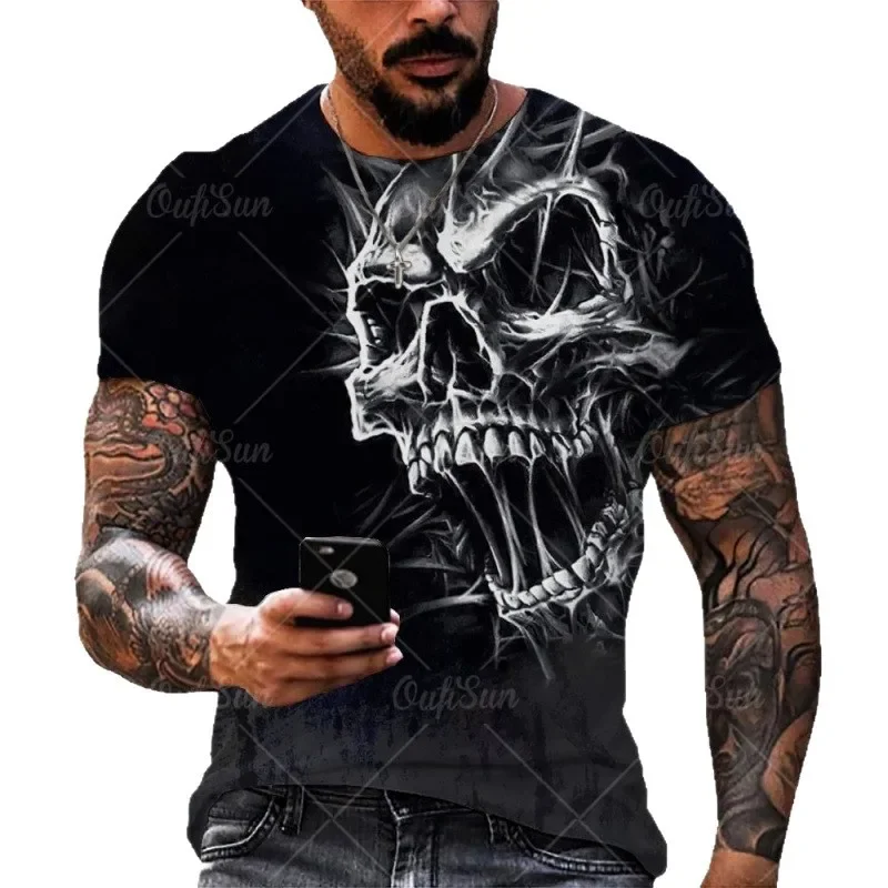 Fashion Men's Fiery Glowing Red Eyes Cracked Skull 3D Print T‑Shirt Horror Demon Short Sleeve Halloween Street Casual Tee Tops