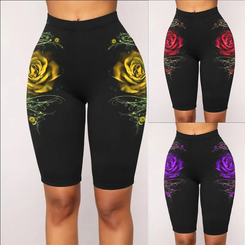 Letnie ubrania damskie XS-5XL moda na co dzień nadruk róży legginsy spodenki z wysoką elastyczną talią sportowe spodnie do jogi Plus rozmiar damskie