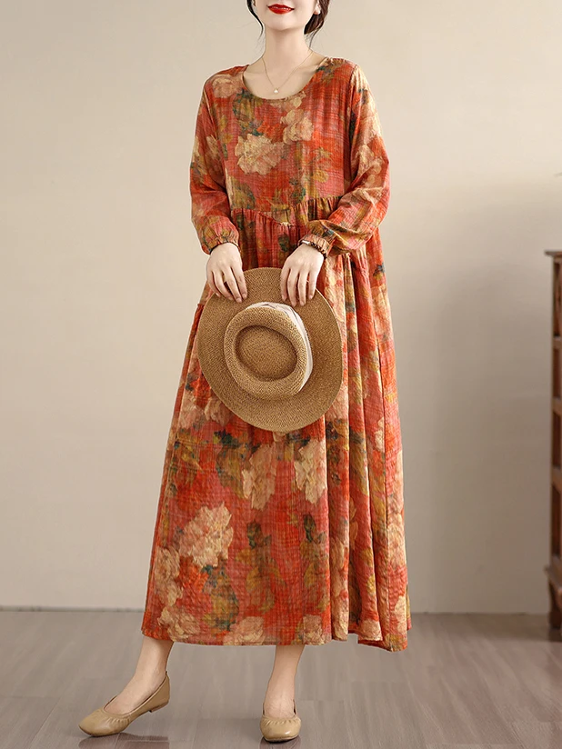 Retro Print Lin Long Sve Dames Dr Loose Grote Maat Afslanken Casual Volledige Rok Katoen Lin Long Dr Herfst Faion