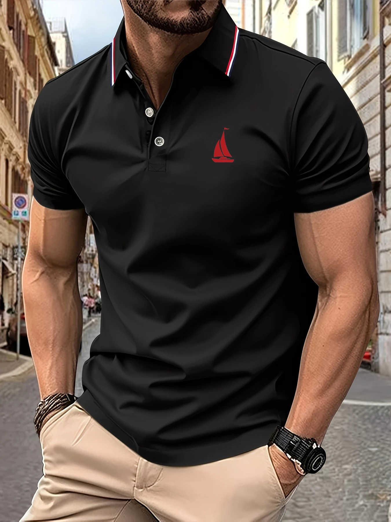2025 New Men's Polo Shirt Sailboat Print Summer Lapel Stripes Men Short Sleeve Casual Breathable Light Luxury Cool T-Shirt