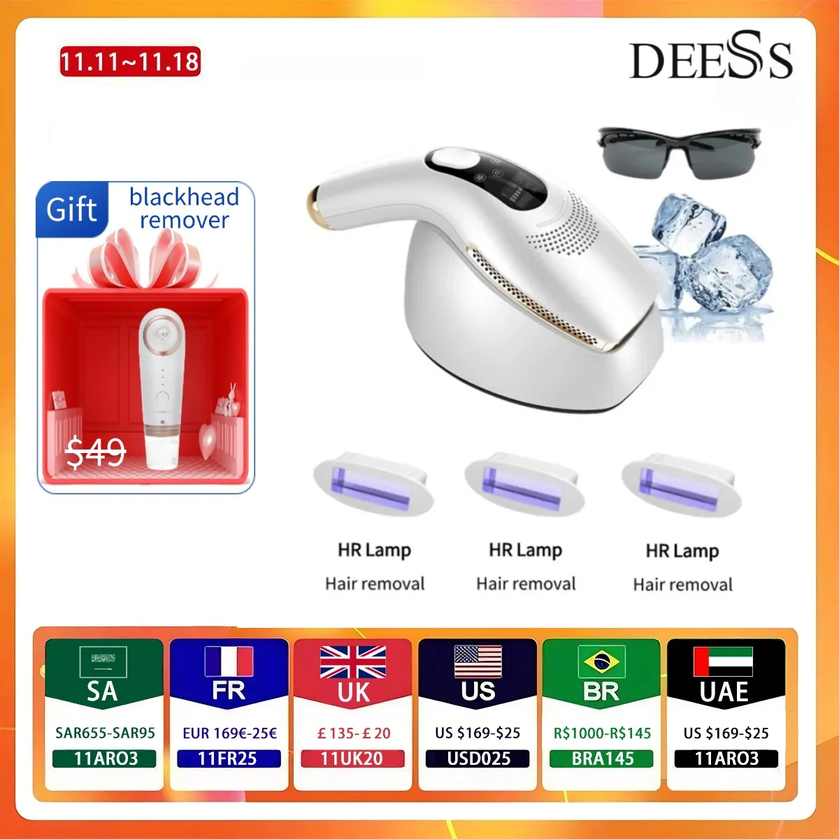 DEESS GP590PLUS IPL Infinite Flash Hair Removal Device 0.9s Permanent Ice Feel Painless Hair Removal 3 Lamp Hair Removal Heads