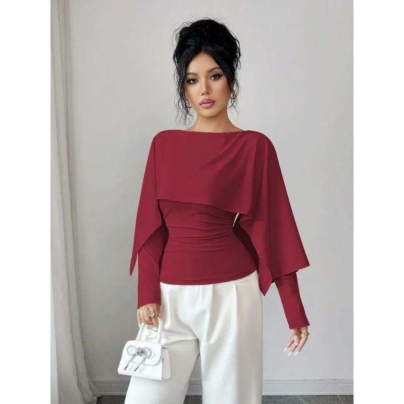Women Elegant Slim Solid Colo Cape Blouse Long Sleeve Fake Two Piece Fitted Wrap Chic Office Evening Party Dating Daily Tops