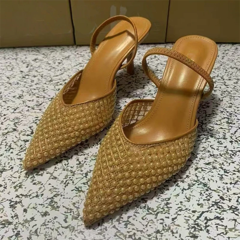 New Design Pearl Breathable Mesh Women Pumps Sexy Thin High Heels Pointed Toe Mule Shoes Fashion Banquet Prom Sandals view 2