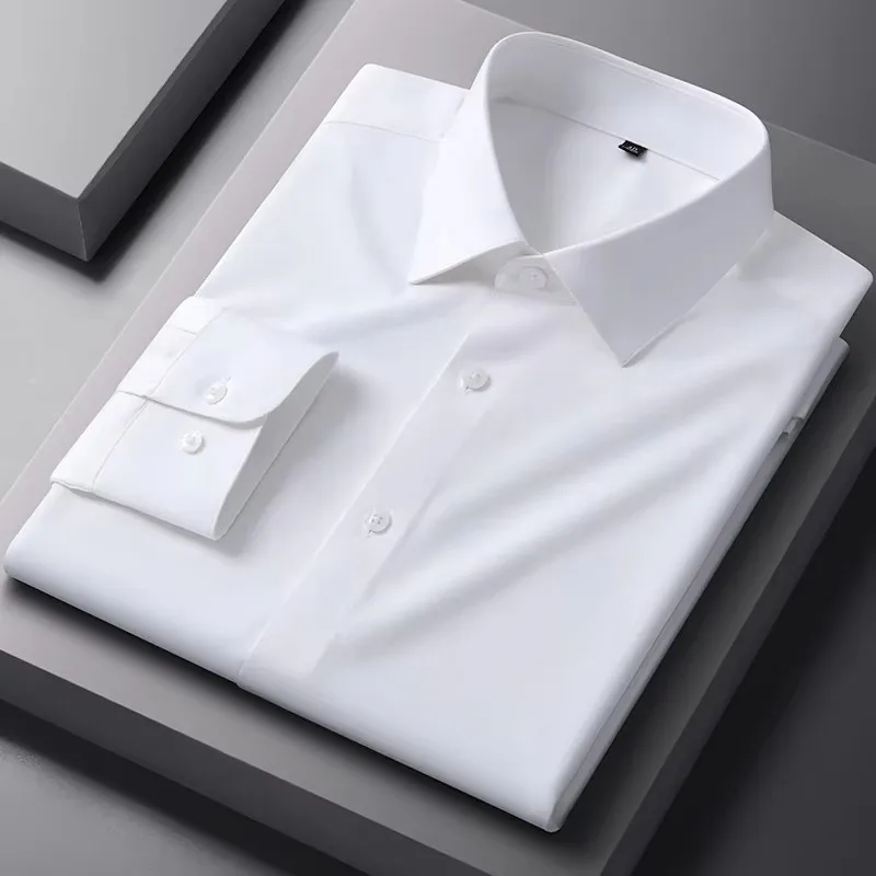 

Мужская социальная рубашка из бамбукового волокна с длинным рукавом, против морщин, без глажки, тонкая модная повседневная деловая офисная белая синяя рубашка S-5XL