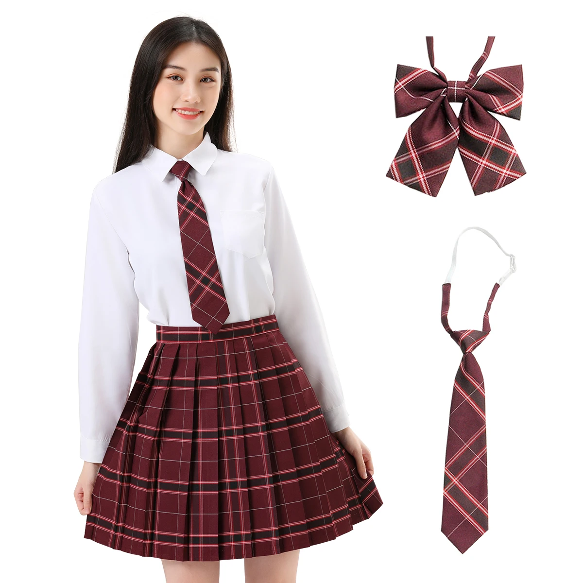 HOLOUN Pleated Jk Skirt 48CM 4PCS Set Bow Necktie Tie Long Sleeve Shirt Plaid High Waist A-Line School Uniform 9 Colors Gift