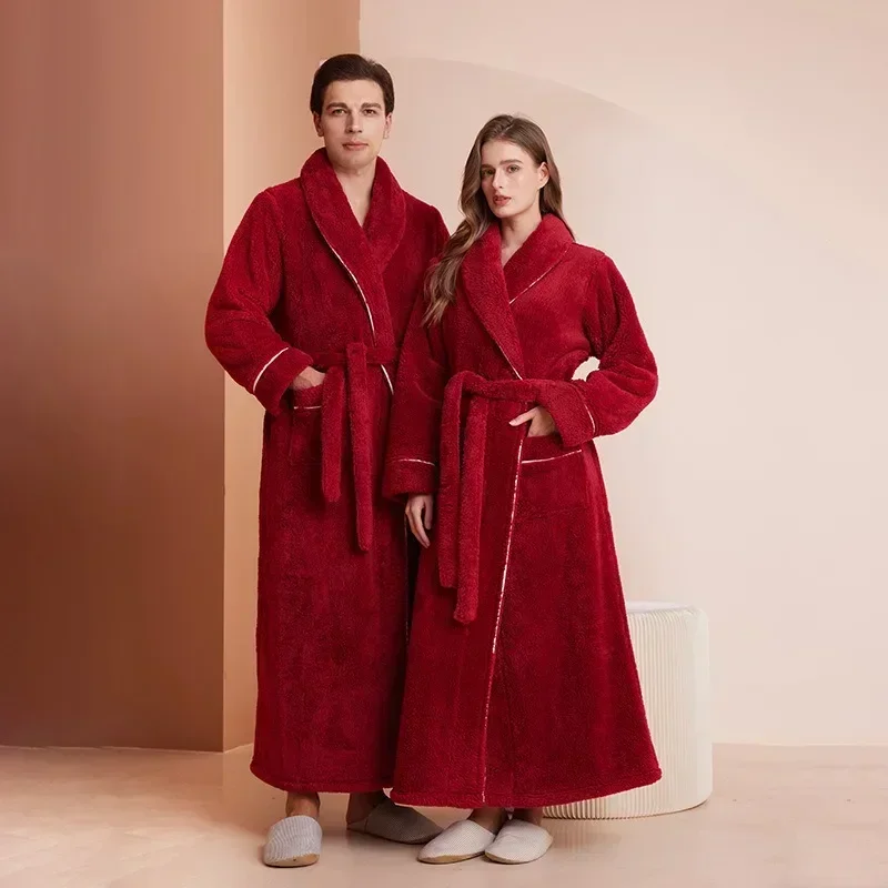 Fashionable double-sided thick plush nightgown women 2024 autumn and winter new item men's and women's couple extended bathrobe