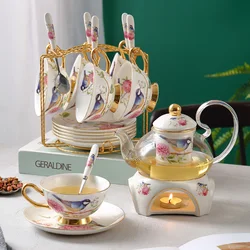 Pastoral Bird Bone China Tea Set Ceramic Tea Cup Pot with Candler Strainer Floral Glass Teapot Set Ceremony Teaware Teacup