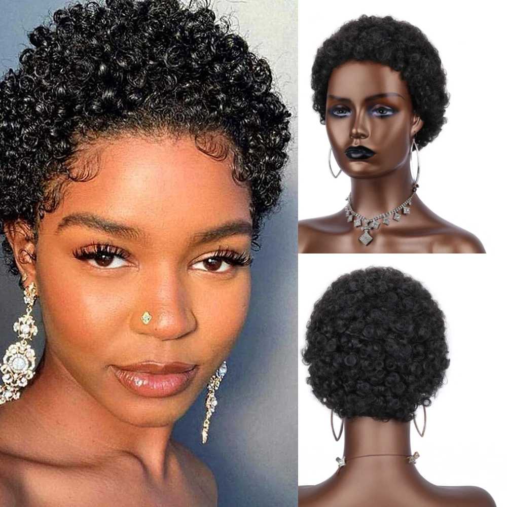 

Short Afro Curly Human Hair Wig Afro Short Wigs for Women Pixie Cut Wig Human Hair 150% Density 4Inch Machine Made Wig