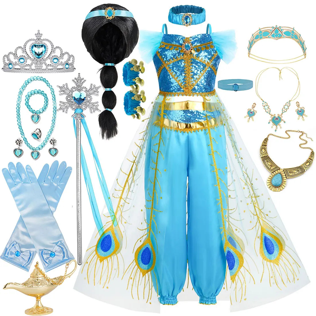 Disfraz Clásico de Princesa Jazmín de las Mil y Una Noches, Vestido sin Mangas + Capa + Conjunto de Accesorios
