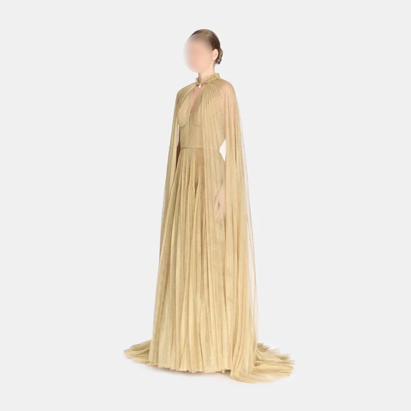 

Golden v-neck Evening Dress Golden Cape for Arabic floor-length Women Party Gown Prom Dresses Customized 2024