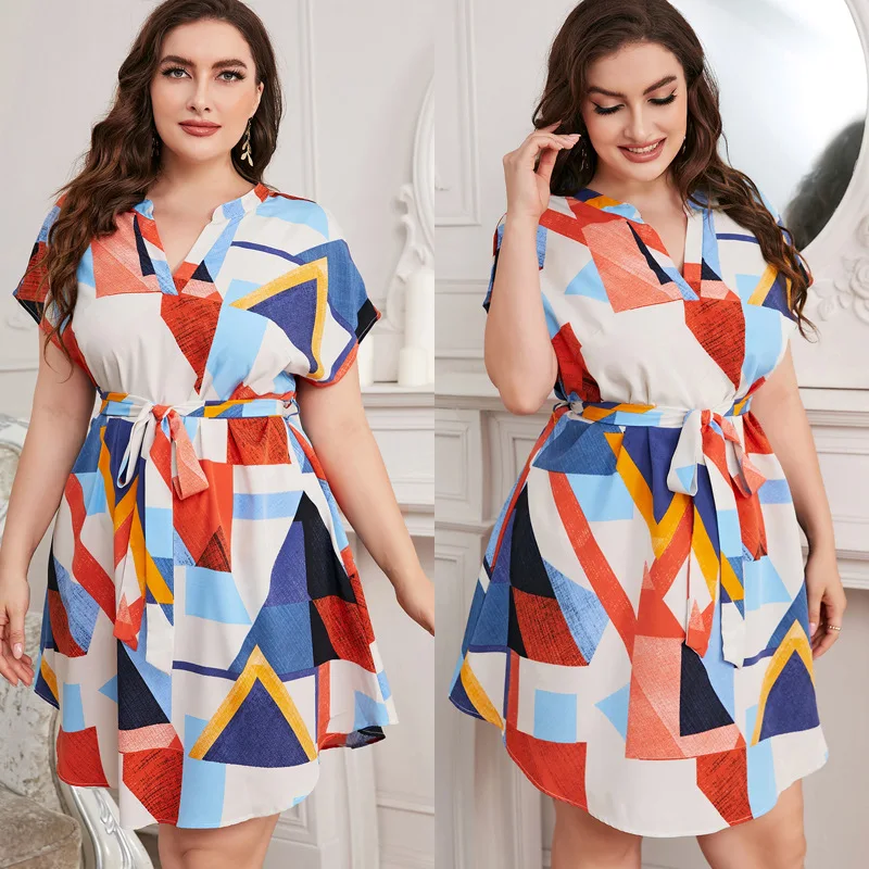 Plus Size Dress Summer V-neck Fashion High Waist Dress for Women Short Sleeve Oversized Clothing