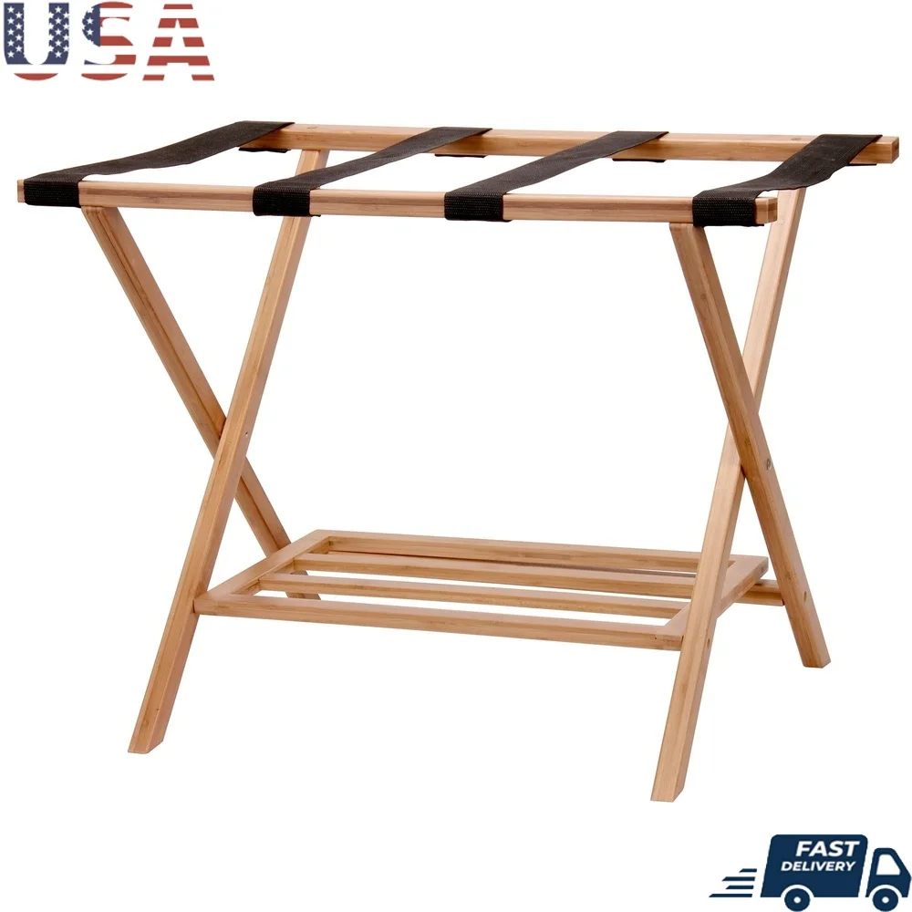 

Collapsible Bamboo Luggage Rack with Lower Shelf Sturdy X-Frame Easy Assembly Space Saving Design Shoes and Sundry Storage