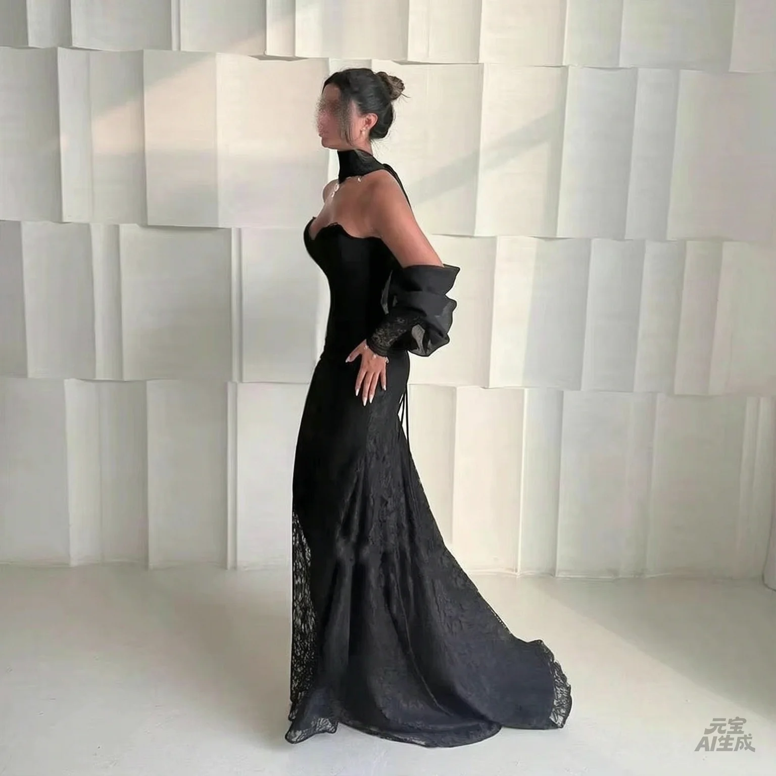 Customized Wedding Party Dresses Elegant Black Lace Formal Occasion Halter Bubble Sleeve Sheath Sexy Cocktail Dress for Women