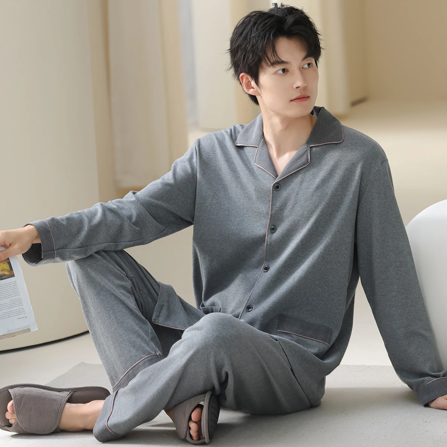 2XL 3XL Cotton Pijama for Men 2Piece Lounge Sleepwear Pyjamas Grey Autumn Bedgown Home Clothes Man PJs Button Cardigan Pajamas