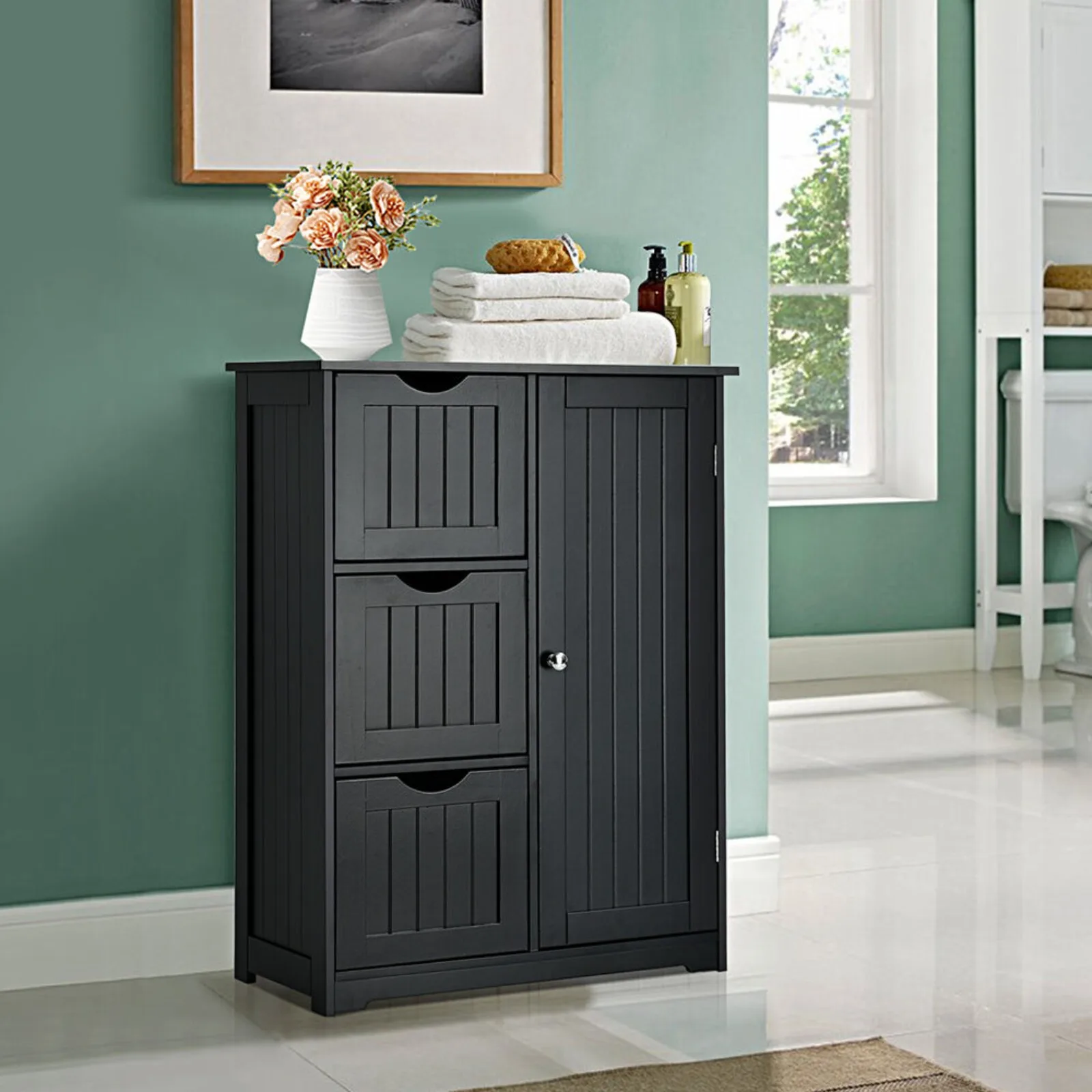 Bathroom Floor Cabinet Side Storage Cabinet with 3 Drawers and 1 Cupboard Black United States