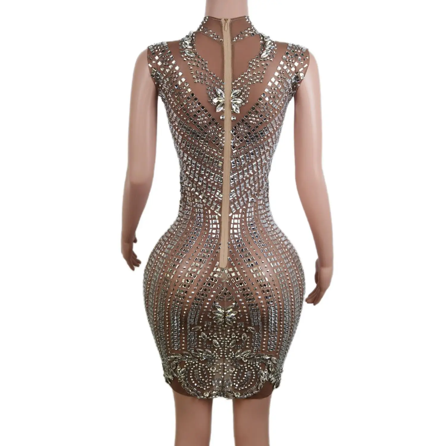 Sexy Stage Rhinestones Evening Birthday Celebrate Dress Woman Prom Gown Costumes Transparent Outfit Mesh See Through Costume