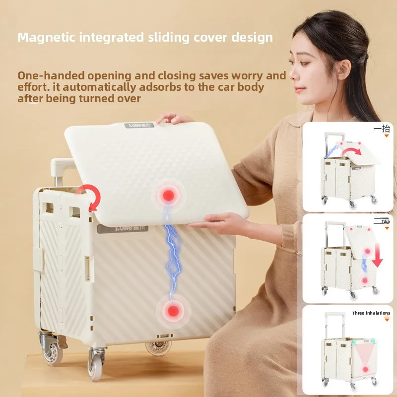 Grocery Cart with Fast-Fold Step-On Switch Hidden Lock Lid and Foldable Cup Holder Durable Lightweight Plastic for Shopping