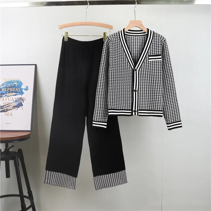 2024  Autumn Knited Two Piece Set Women Clothing Sets Casual Long Sleeve Sweater Cardigan And Wide Leg Long Pants Suits