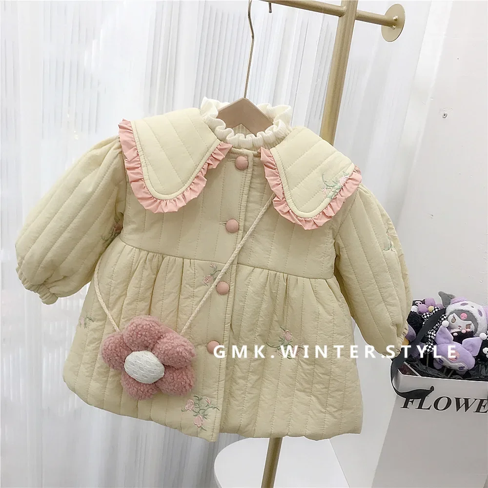 Coat Girl Thickening Cotton Clothes Loose Middle Length Winter New Children Baby Plush Turn Dwon Collar Embroidery 2024