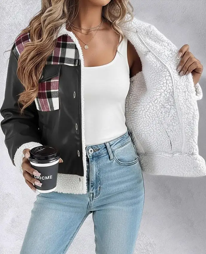 

Puleather Plaid Print Spliced Turn-Down Collar Button Front Thermal Lined Jacket Faux Shearling Trim Flap Pockets Crop Warm Coat