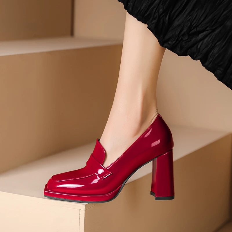 2024 Spring New Square Headed Lacquer Leather Women\'s Single Shoes with Thick Heels Waterproof Platform Cover Feet  Shoes