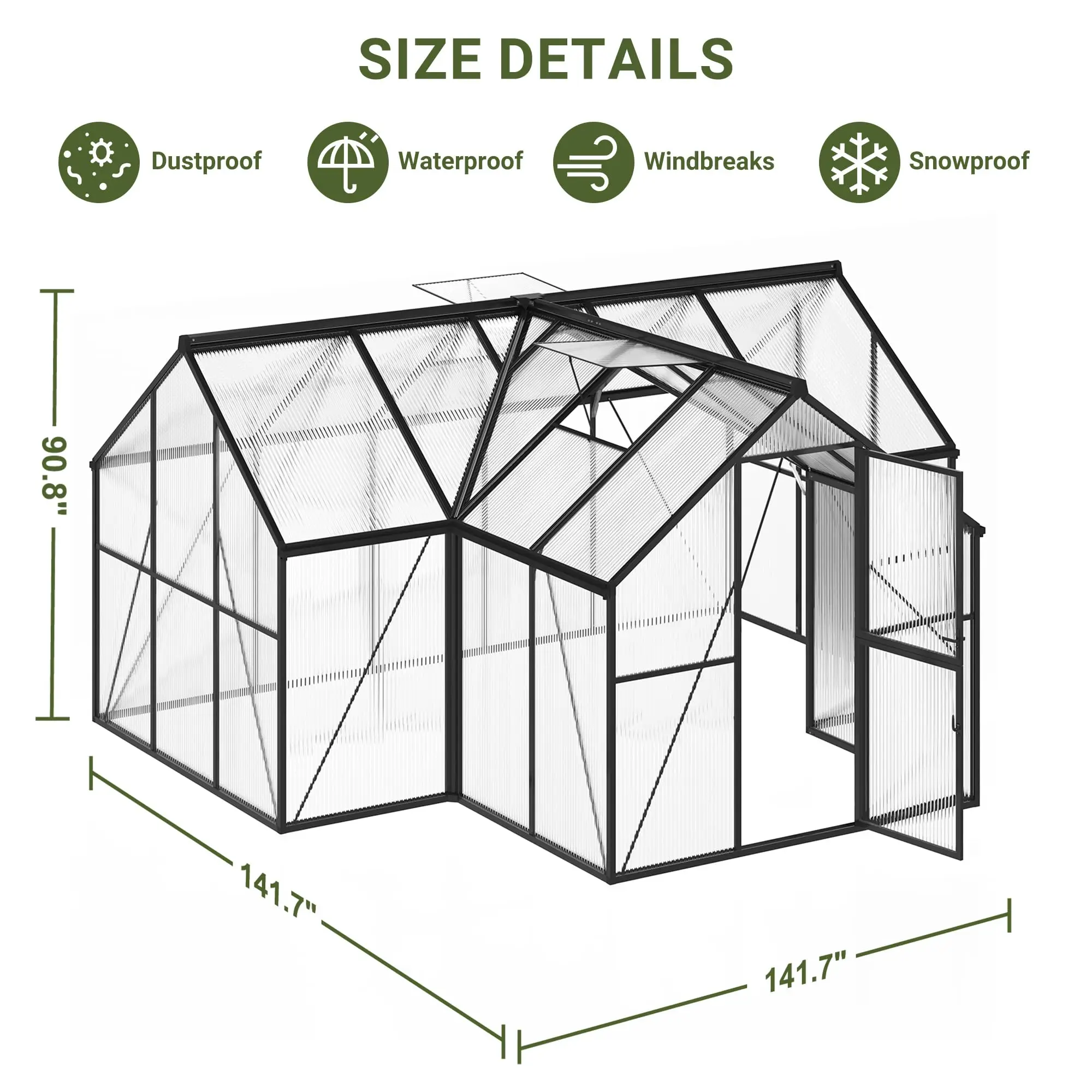 VIWAT T-Shape 12x12FT Polycarbonate Greenhouse, PC Panels & Aluminum Frame w/ Vent Windows - Walk-in Easy Assembly for Backyard