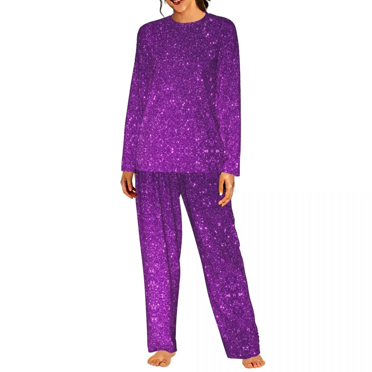 Purple Sparkly Glitter Printing Round Neck Long Sleeves Nightdress for Sleeping Sleepshirts Women Loose Pajama Set Long Pants