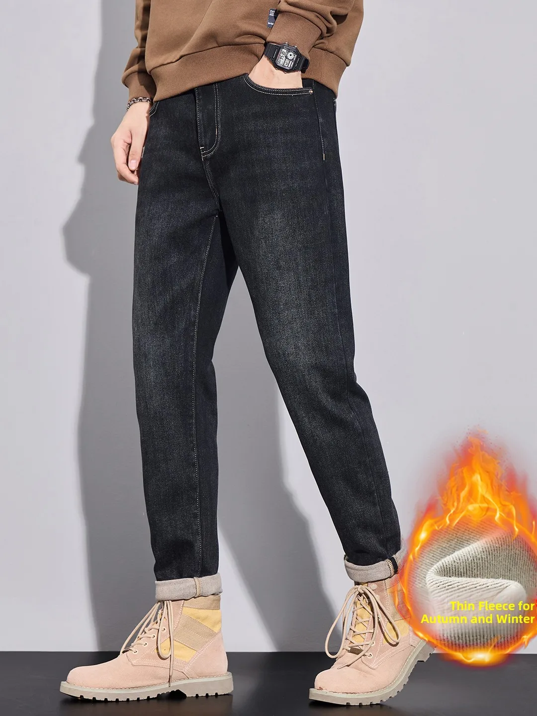 

High-End Fleece-Lined Thick Denim Pants Autumn Winter Slim Fit Casual Warm Versatile Men's Jeans mid Waist Zipper Pocket