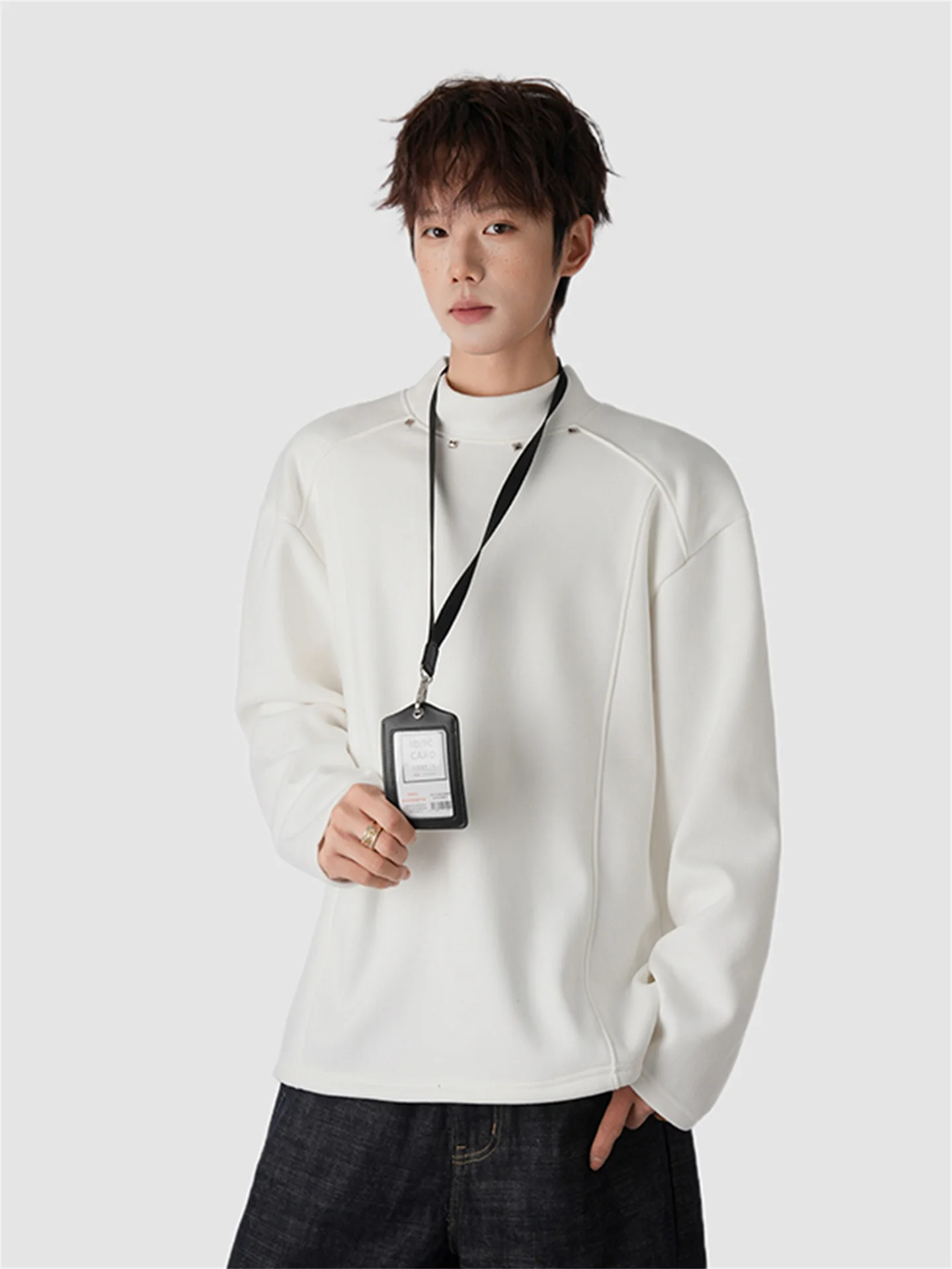 

American Sle Fce Lined Long Sve f High Collar Men's T-irt Casual Trendy Brand Decosition Design Sense Rivet B...