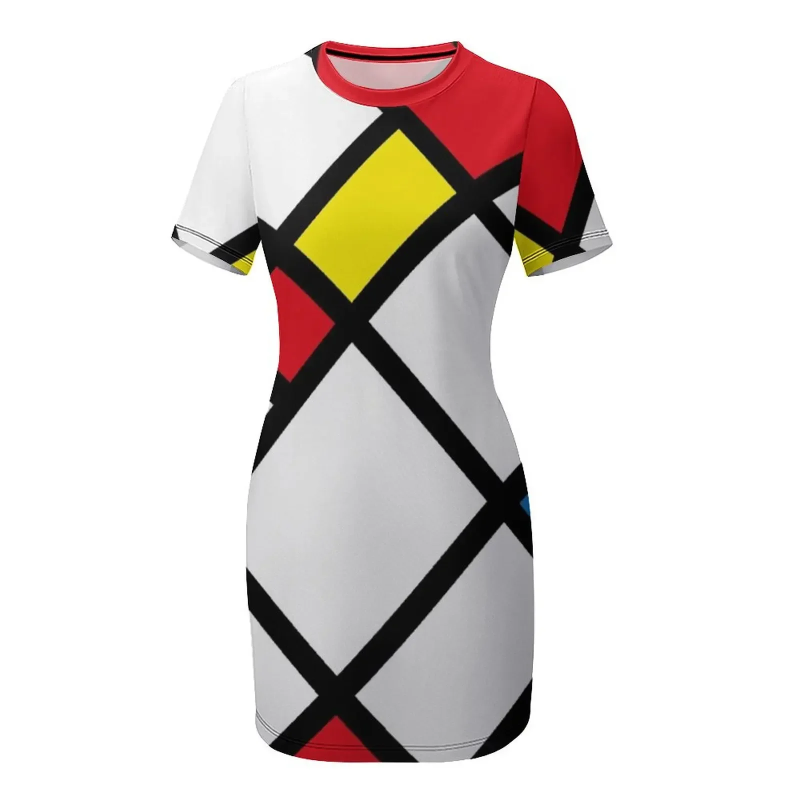 Mondrian Minimalist De Stijl الفن الحديث تصميم تجريدي فستان بأكمام قصيرة فستان طويل فستان صيفي للنساء
