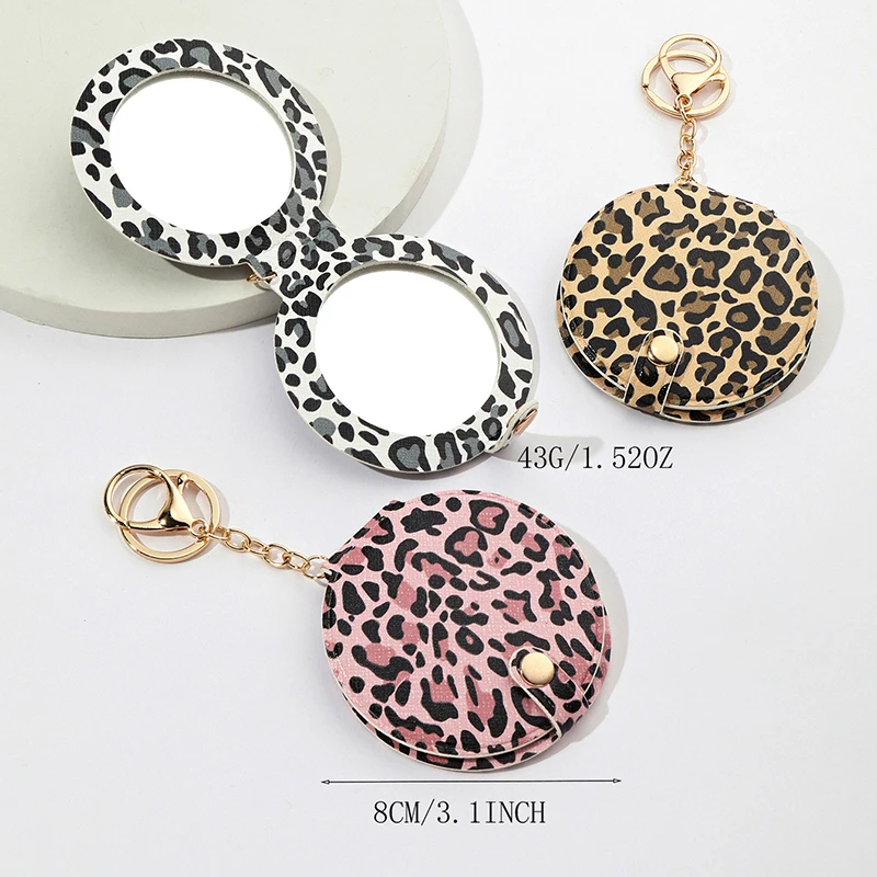 Leopard print makeup mirror keychain pendant with PU leather double-sided mirror Key Chains for bag decoration