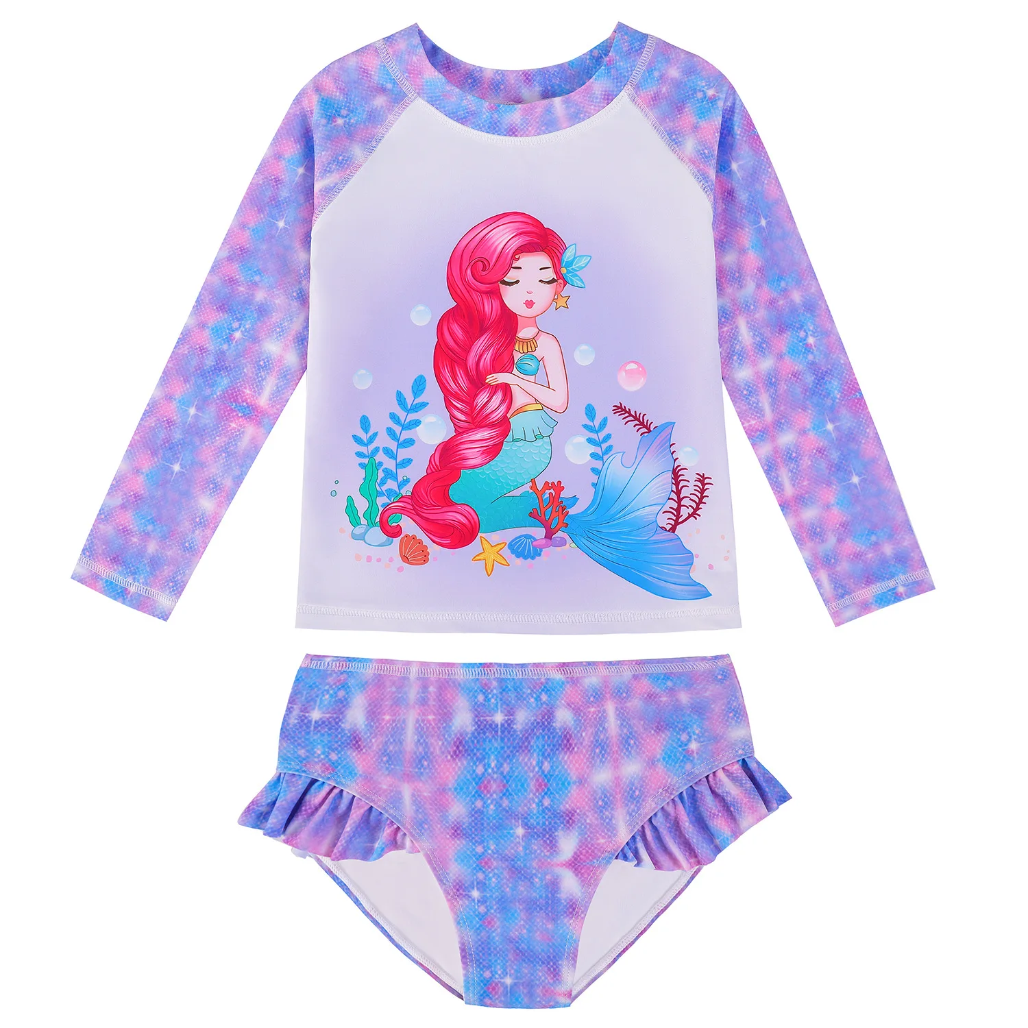 2-Piece Set Toddler Girls Summer Mermaid Scale Print Striped Bathing Suit Long Sleeve Children Swimwear Ruffled Bikini Bottoms