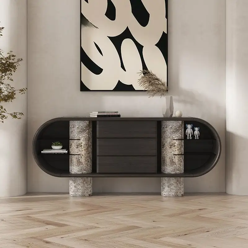 Italian Natural Marble Sideboard, Luxury Stone Storage Cabinet with Open Shelves, Scratch & Stain Resistant, Eco-Friendly