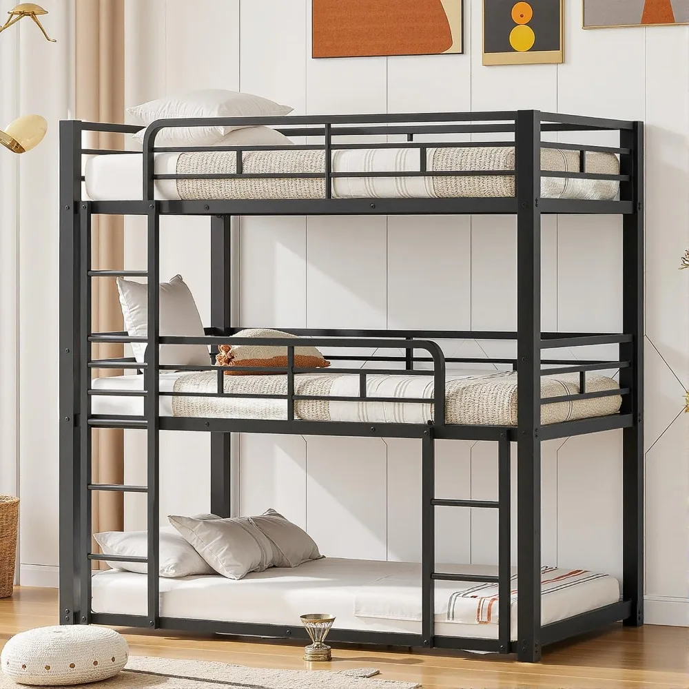 

Triple Bunk Bed, Twin-Size Metal Bunkbeds with Ladder, Family-Friendly for All Ages, Bedroom, No Box Spring Needed, E