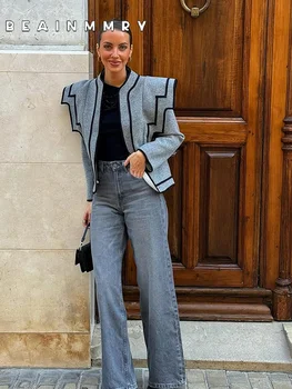 Moda Wełniana Damska Kontrastowa Kurtka Szykowny Okrągły Dekolt Przycięty Warstwowy Długi Rękaw Luźny Płaszcz 2025 Wiosna Lady Dojazdy Płaszcz