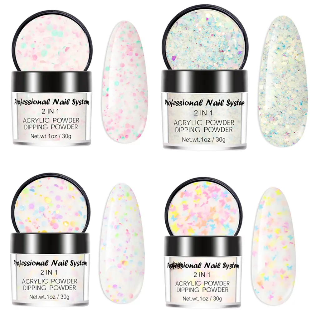 2 in 1 Acrylic/Dipping Nail Powder with Hexagon/Buterfly Sequins for Nail Extended Builder Sculpture Gel Polish Manicure 30g/1oz