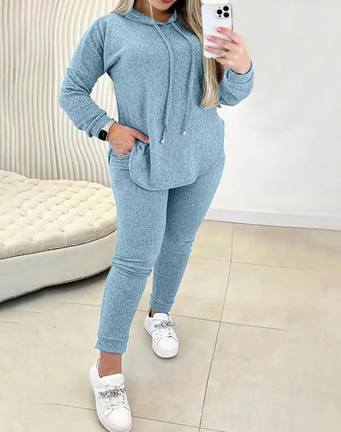 Setelan Musim Gugur Ukuran Besar Wanita Warna Solid 2-Potong dengan Sweatshirt Berkerudung Lengan Panjang Berpotongan Asimetris dan Celana Pensil Ketat