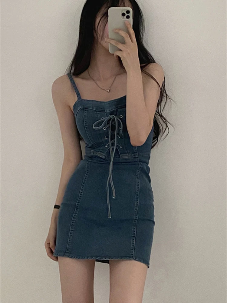 Sexy Black Vestidos De Mujer Summer Dress Y2k Vintage Lace Up Suspender Denim Dresses for Women 2024 Robe Femme Korean Mini