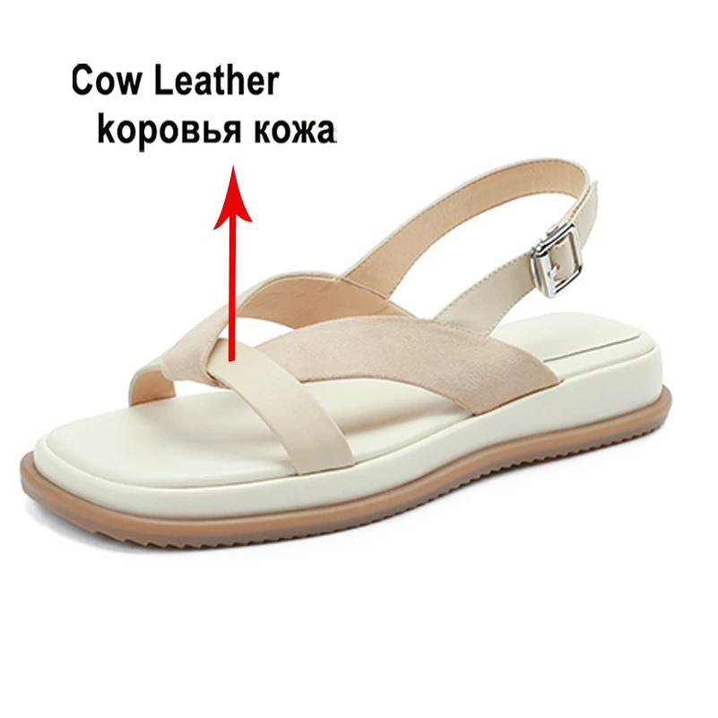 Meotina Women Genuine Leather Sandals Platform Flat Sandals Square Toe Buckle Sandals Fashion Ladies Shoes Summer Apricot 40