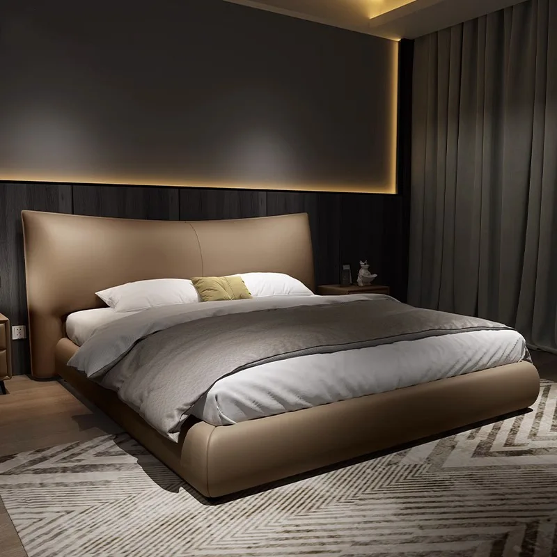 

sh-Gu Wu Home Italian Minimalist Double Bed Top Layer Leather Light Luxury Soft Bag High-End Modern Simple Wooden for Wedding%